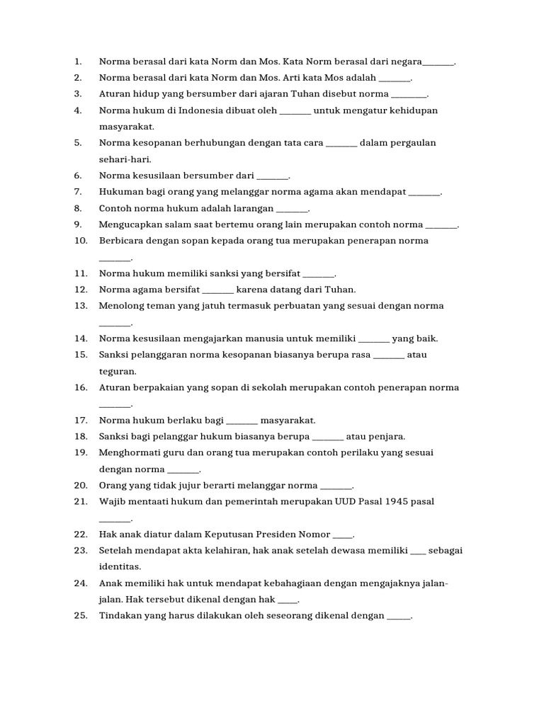 Soal Isian Singkat Norma SD Kelas6 PDF