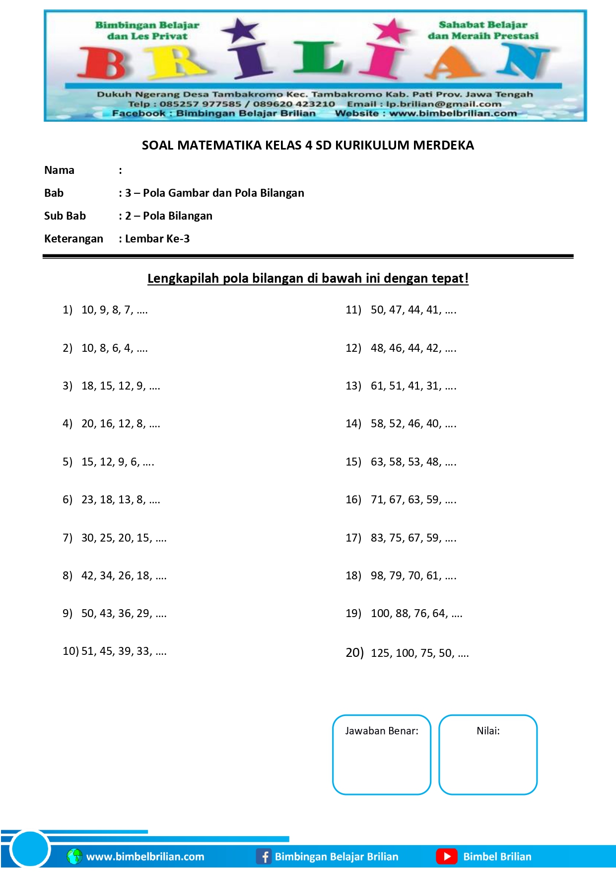 Download Soal Ulangan Semester 2 Kelas 4: 7 Lembar Kerja Siap Cetak Bimbel Brilian