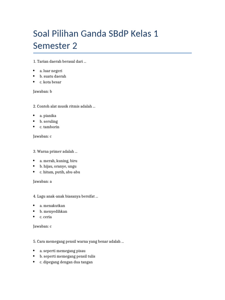 Ternyata Ini 50 Soal Sbdp Kelas 1 Semester 2 Kurikulum 2013 Lengkap Kunci Jawaban