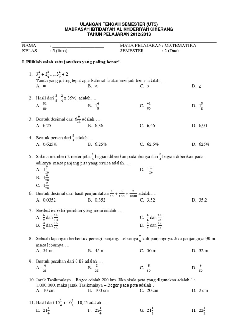 Ternyata Ini Soal UTS Matematika Kelas 5 Semester 1 dan Kunci Jawabannya yang Siap Cetak