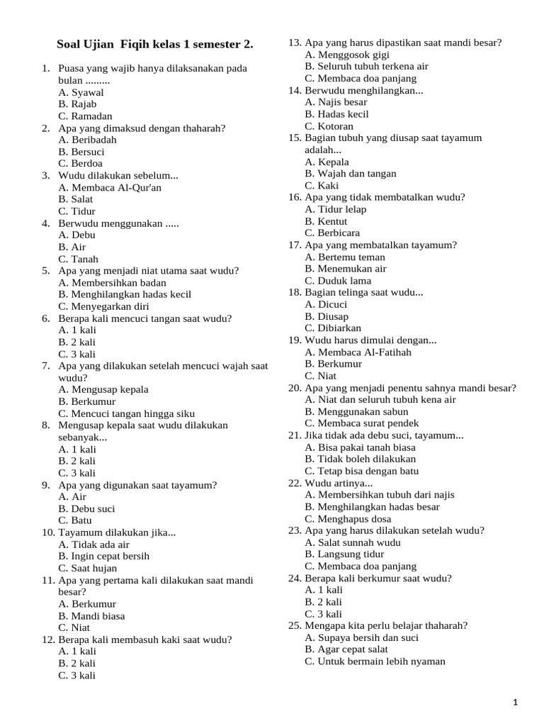 soal fiqih kelas 1 semester 2