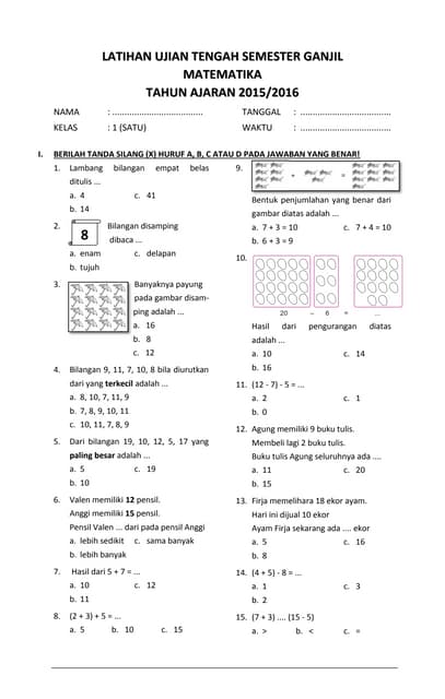 Soal UTS Matematika Kelas 1 SD Semester 1 Ganjil Dan Kunci Jawaban DOC Soal UTS Matematika Kelas 1 SD Semester 1 Ganjil Dan Kunci Jawaban DOC