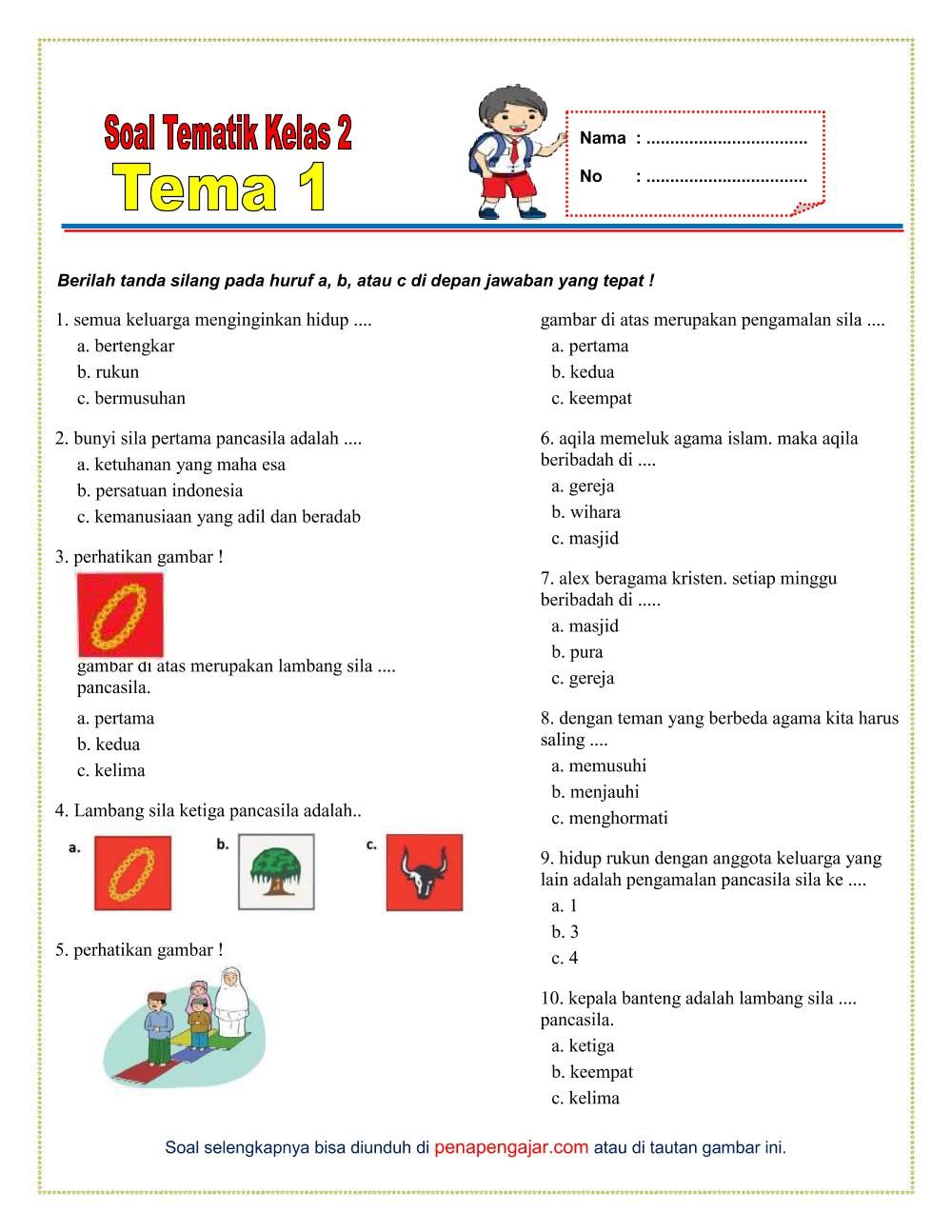 Download Gratis 10 Lembar Kerja Soal PKN Kelas 1 SD Semester 2 Kurikulum 2013 Siap Cetak