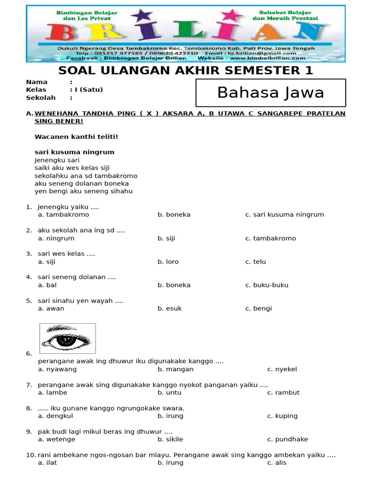 Wajib Tahu 5 Contoh Soal Bahasa Jawa Kelas 1 SD Semester 2 Siap Cetak dari Bimbel Brilian