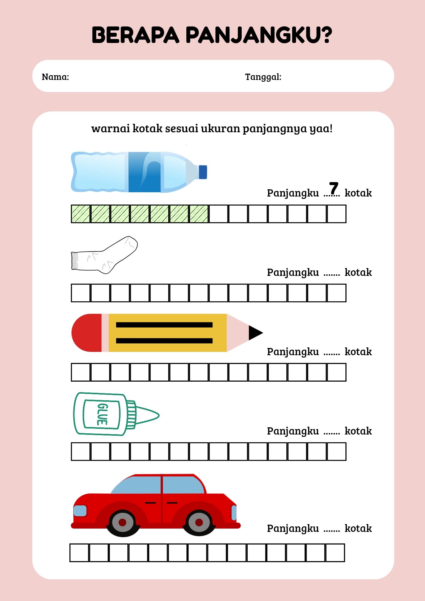 Printable Lembar aktivitas anak mengukur panjang benda Mengurutkan Printable Lembar aktivitas anak mengukur panjang benda Mengurutkan