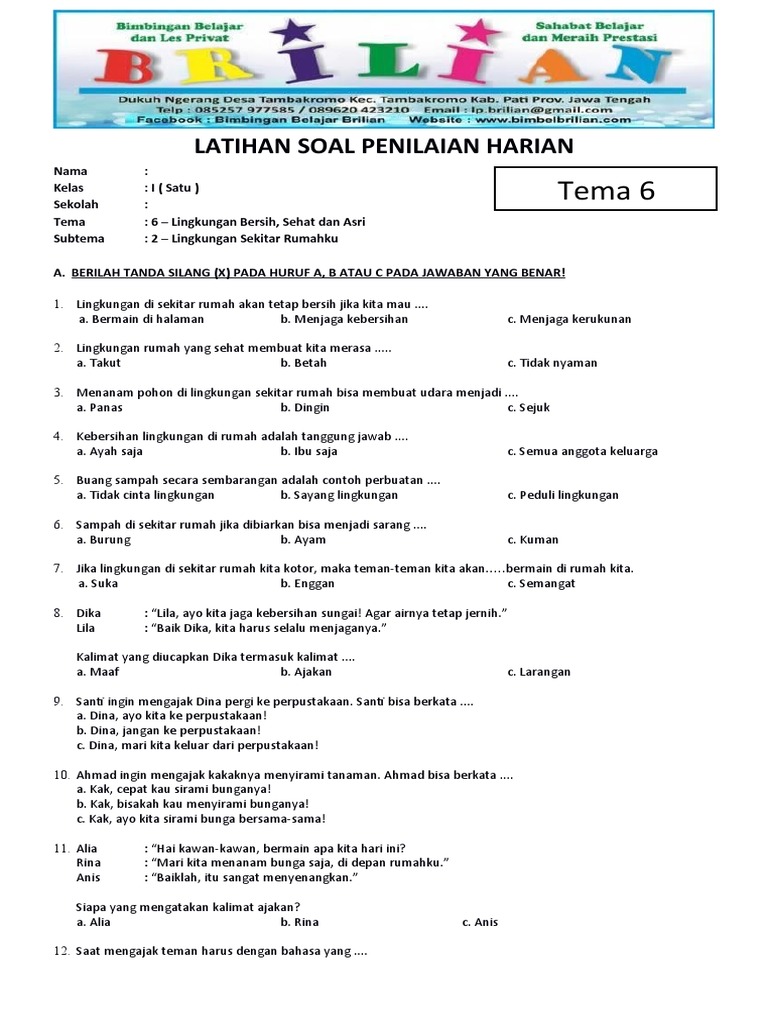 7 Contoh Soal Tema 6 Kelas 1 SD yang Terbukti Bantu Anak Kuasai Materi Cepat