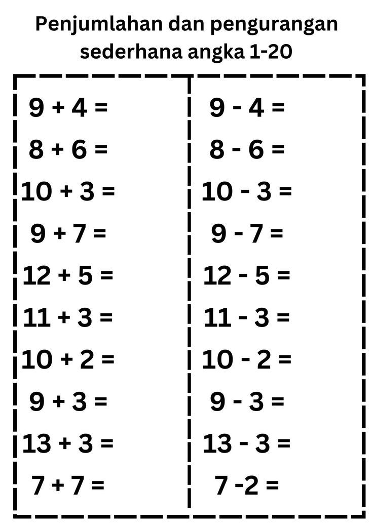 Penjumlahan Dan Pengurangan Angka 1-20 Kerajinan matematika