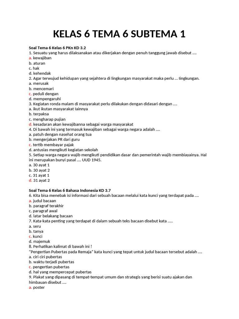 Soal Tema 6 Kelas 6 PKn Bahasa IPA IPS PDF Soal Tema 6 Kelas 6 PKn Bahasa IPA IPS PDF