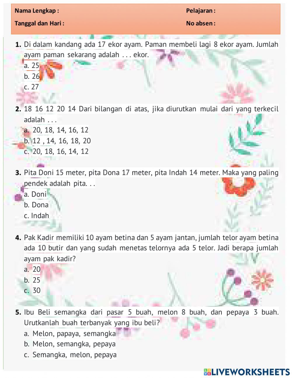 Soal Matematika Kelas 1 Semester 2 Worksheet Akan Soal Matematika Kelas 1 Semester 2 Worksheet Akan